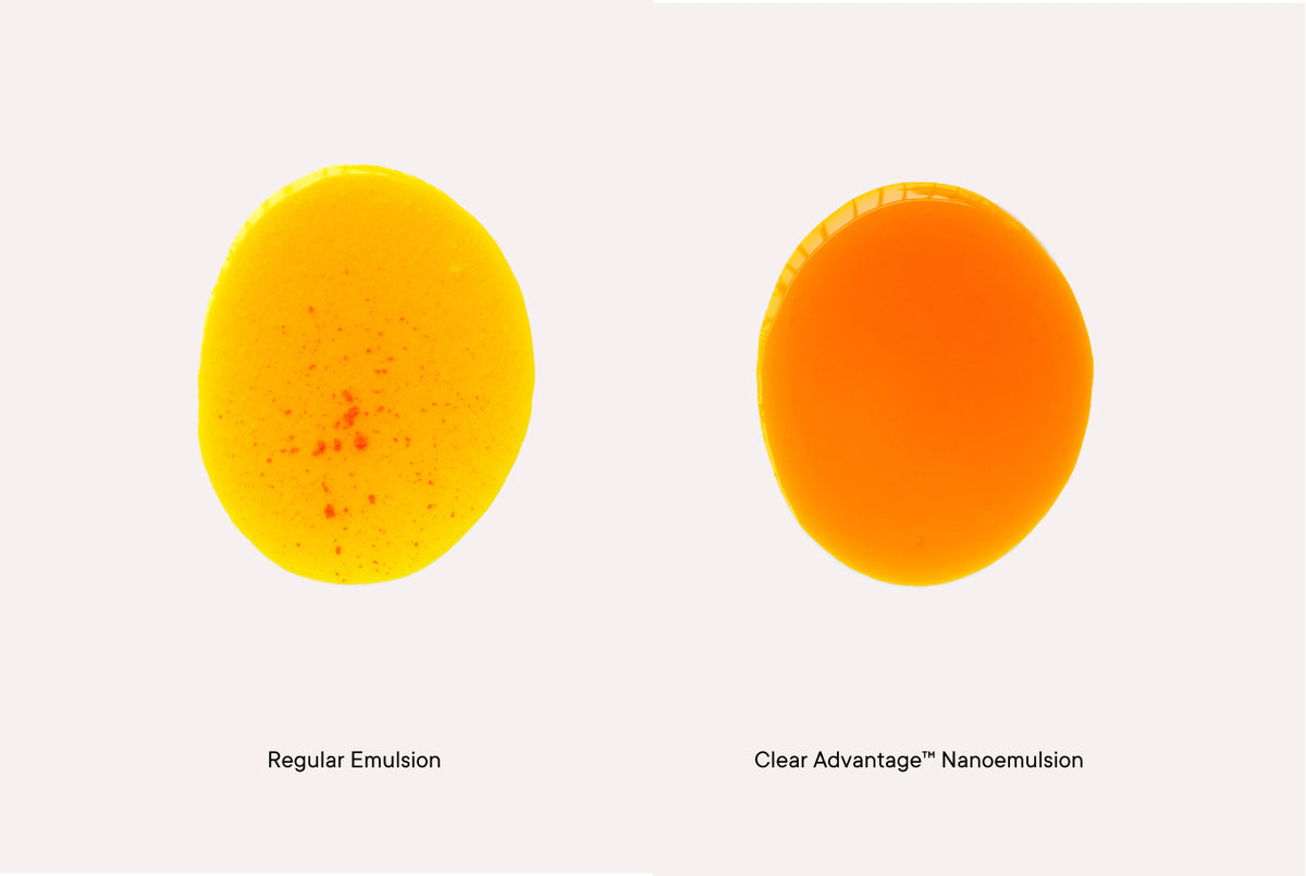 Regular turmeric emulsion, cloudy and speckled, beside Truemeric's clear Clear Advantage nanoemulsion